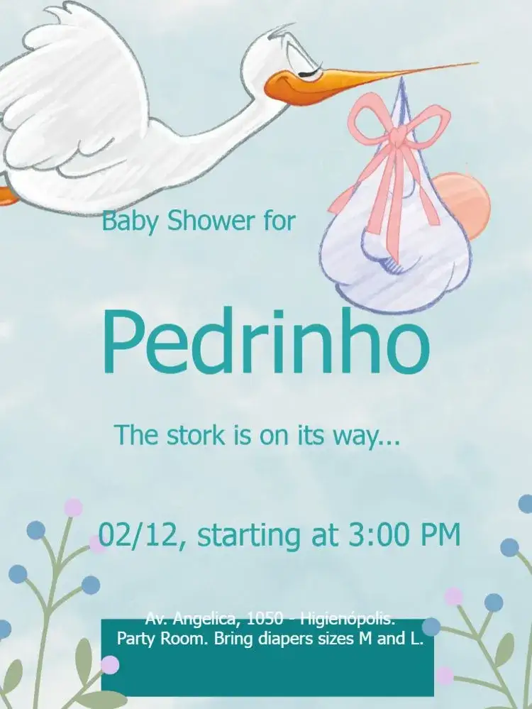 Invitation Stork Baby Shower – Raffle Tea theme light blue, clouds, storks, childish illustrations, modern, fun