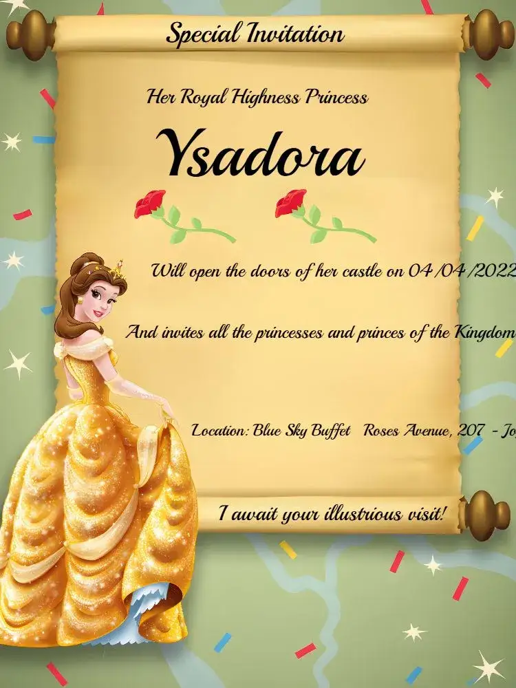 Invitation The Beauty And The Beast Girl – Baptism theme colorful, childlike, themed, Disney, enchanted, playful