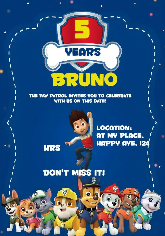 Invitation Red Paw Patrol – Kids' Birthday Party theme vibrant red, light blue, white, modern, fun, adventure-themed