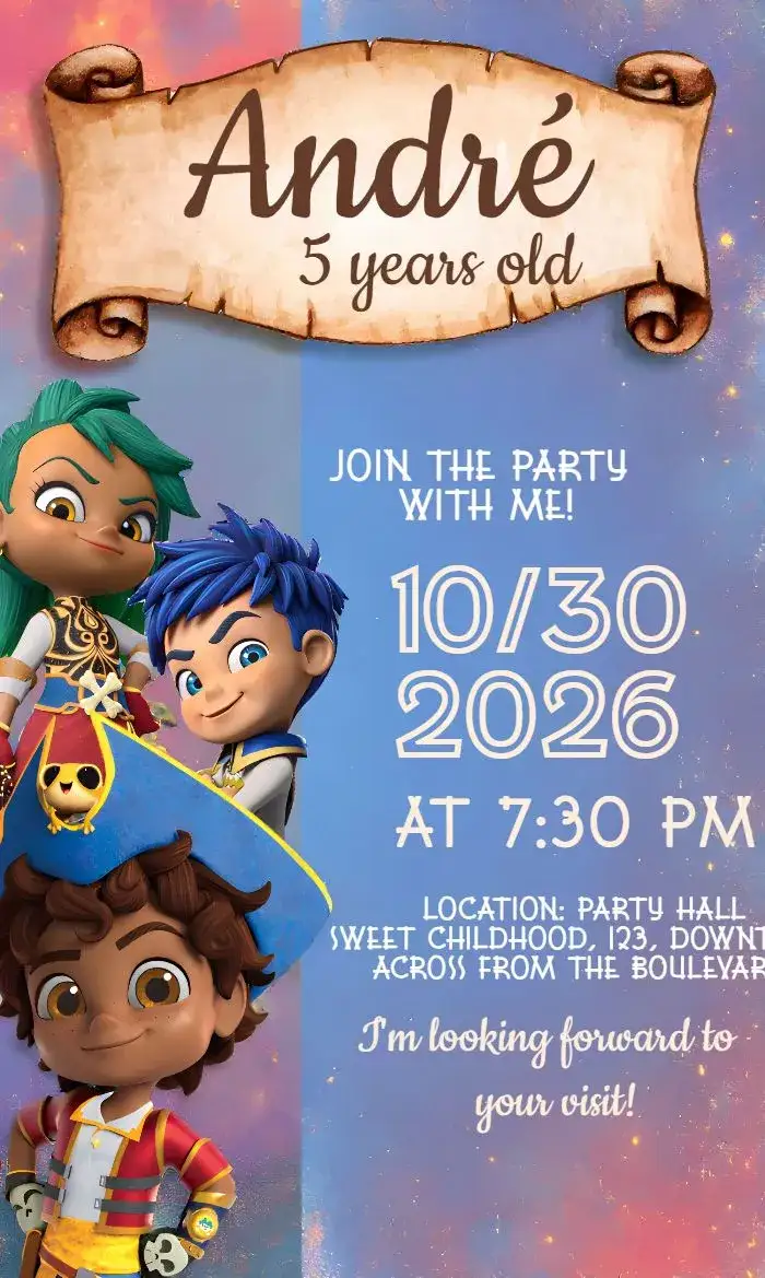 Invitation Santiago Dos Mares Ship – Commemorative Dates theme naval, adventure, marine, colorful, childlike, playful