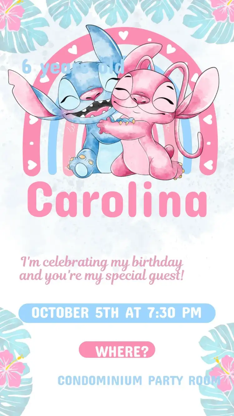 Invitation Children's Birthday Invitation Stich Angel to Edit – Kids' Birthday Party theme colorful, playful, fun, modern, childlike, thematic