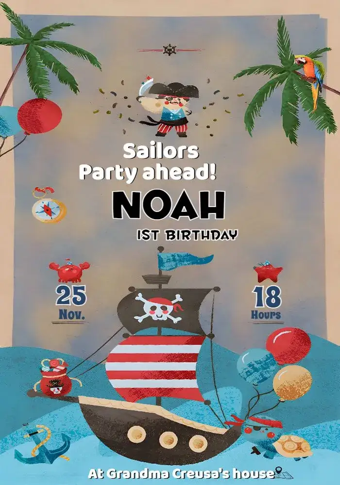 Invitation Pirate Ship – Most searched for theme colorful, playful, naval, adventure, fantasy, childlike