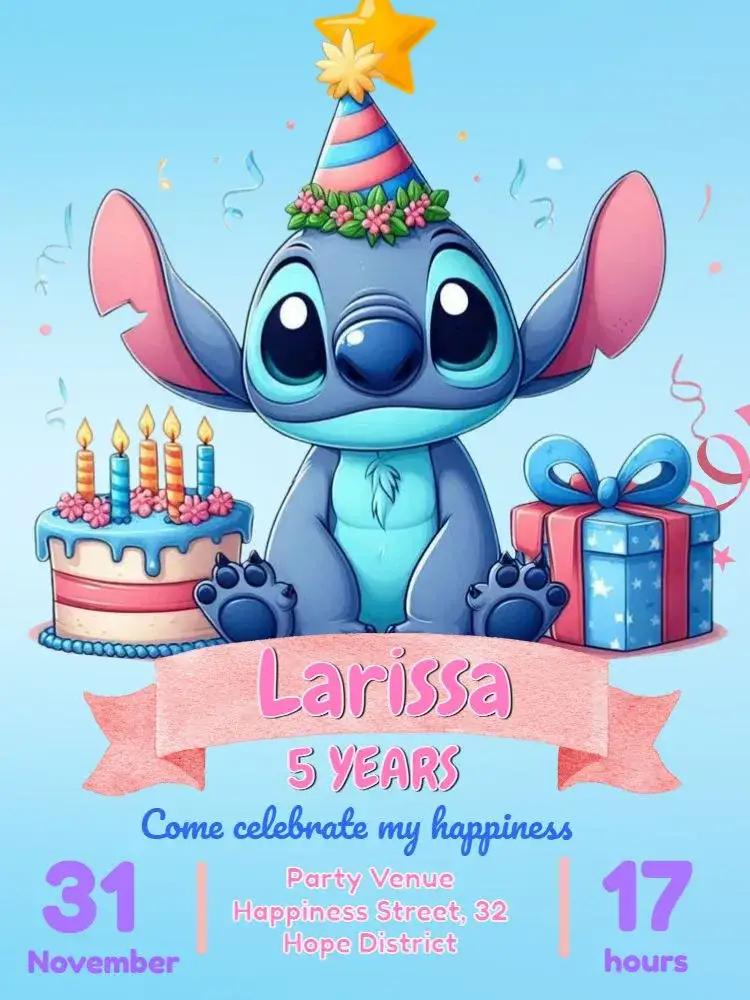 Invitation Stitch Edit – Most searched for theme pink, blue, playful, childish, Disney, funny