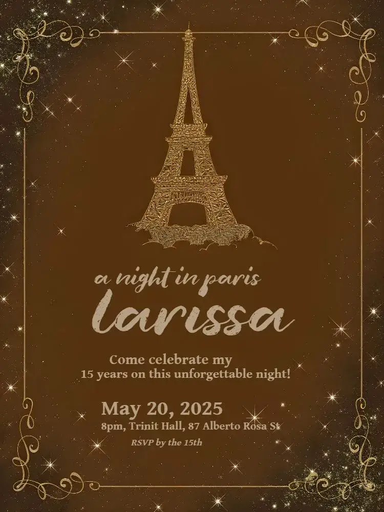 Invitation 15 Years Paris Eiffel – Sweet 15 theme Parisian, Elegant, Golden, Romantic, Minimalist