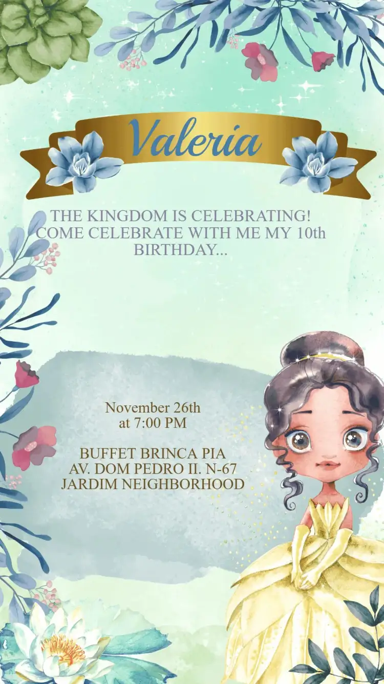 Invitation Princess Tiana and the Frog Birthday Invitation – Kids' Birthday Party theme colorful, themed, magical, fun-filled, enchanted
