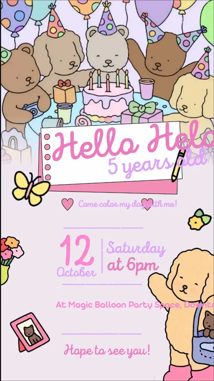 Invitation bobbie goods – Kids' Birthday Party theme lilac, colorful, cute, childish, teddy bears, fun