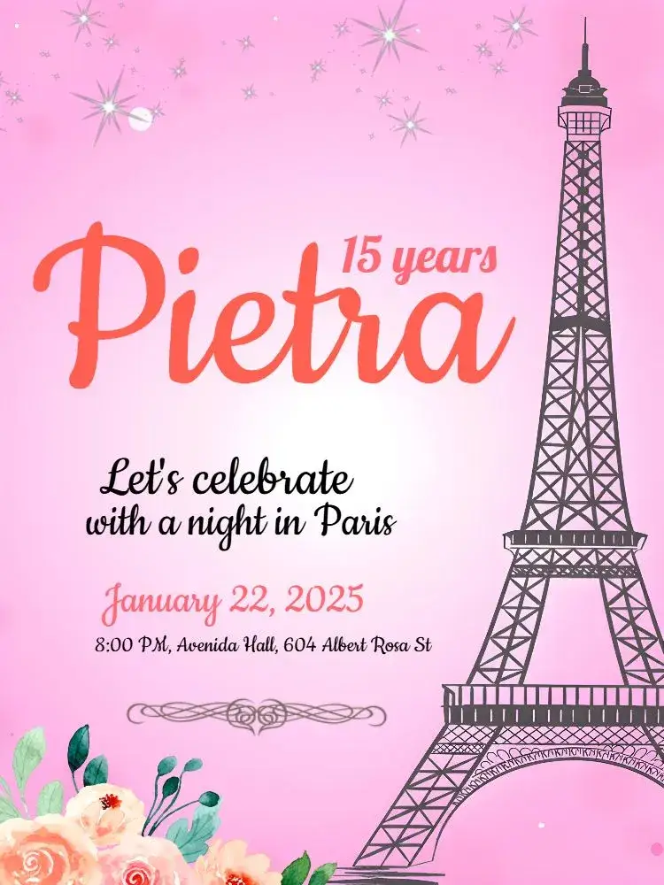 Invitation 15 Years Paris Tower – Sweet 15 theme elegant, floral, modern, pink and black, Parisian, festive