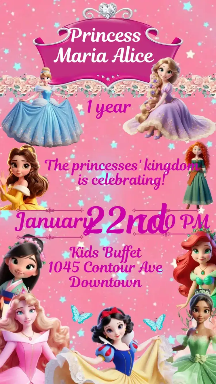 Invitation Disney Princesses – Kids' Birthday Party theme colorful, themed, fairies, sparkle, charming illustrations, magical