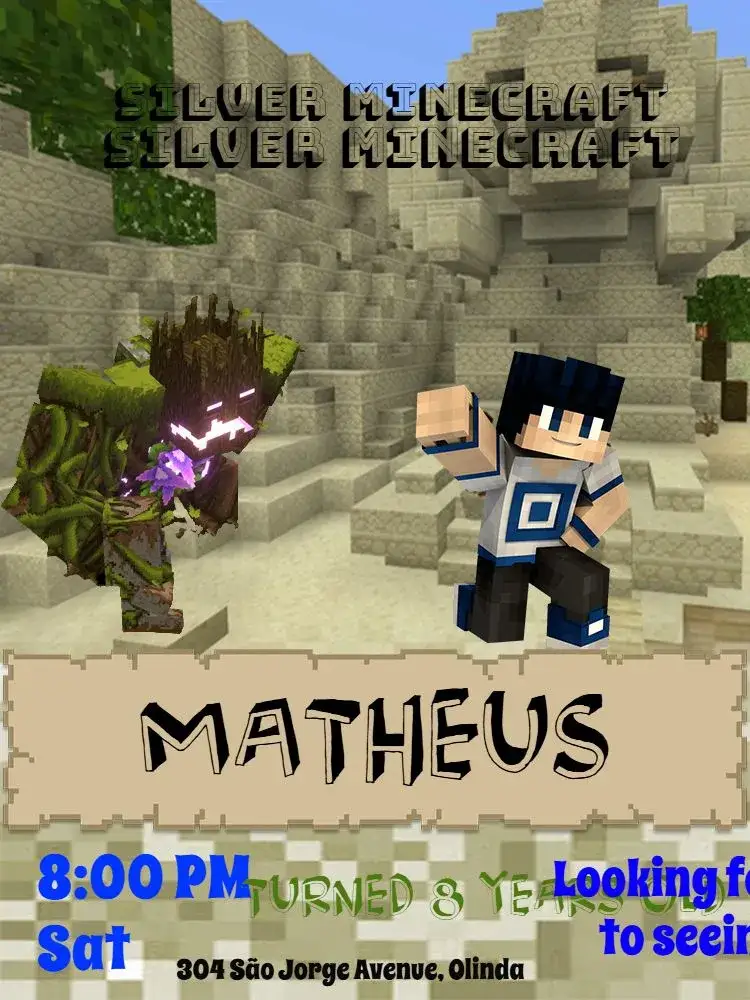 Invitation Gray Minecraft – Birthday theme Minecraft, modern, games, children's, gray, blue