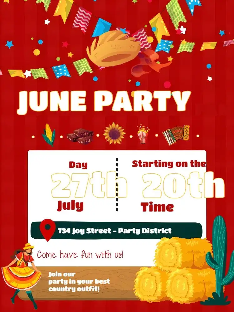 Invitation Arraiá São – Commemorative Dates theme colorful, rustic, traditional, festive, vintage, playful