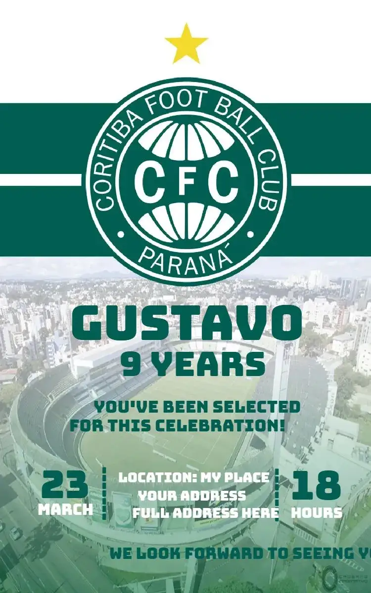 Invitation Coritiba – Birthday theme green and white, football, modern, dynamic, sporty