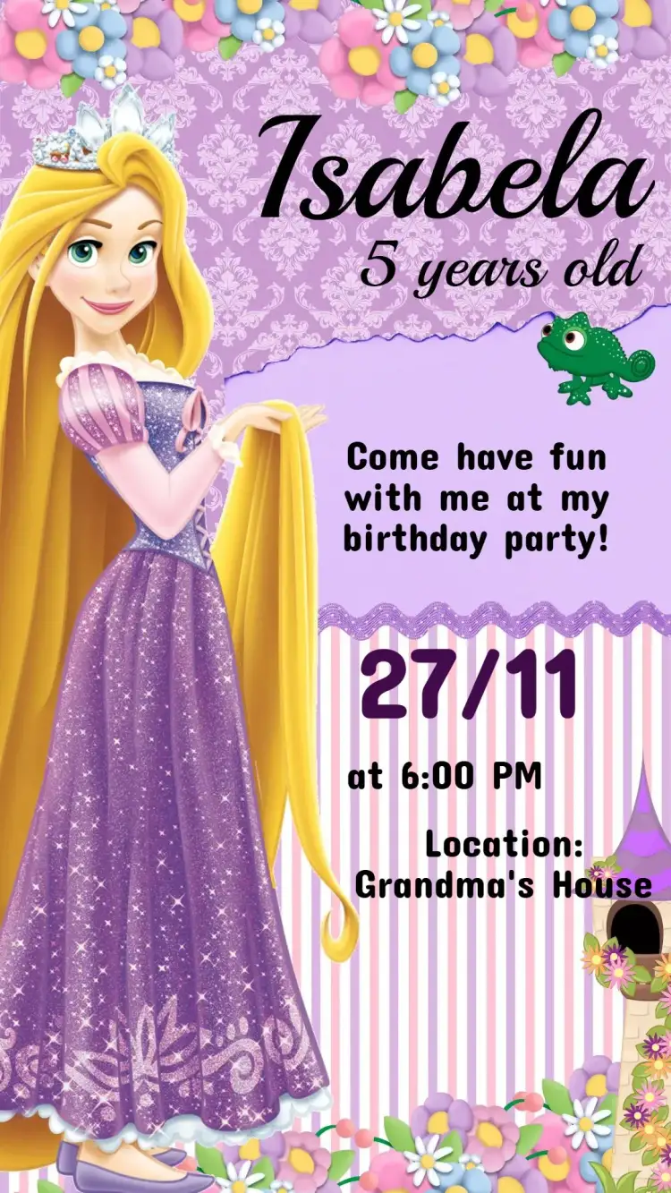 Invitation Digital Tangled Children's Party Invitation - Customized – Kids' Birthday Party theme pastel colors, princess illustrations, floral details, playful style, fairy tale elements