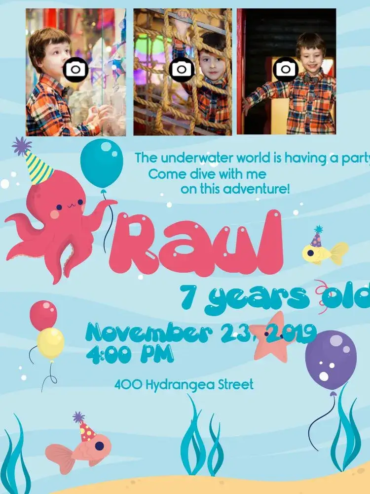 Invitation Under the Sea With Photo Collage Background – Kids' Birthday Party theme navy, colorful, fun, tropical, childlike, photographic