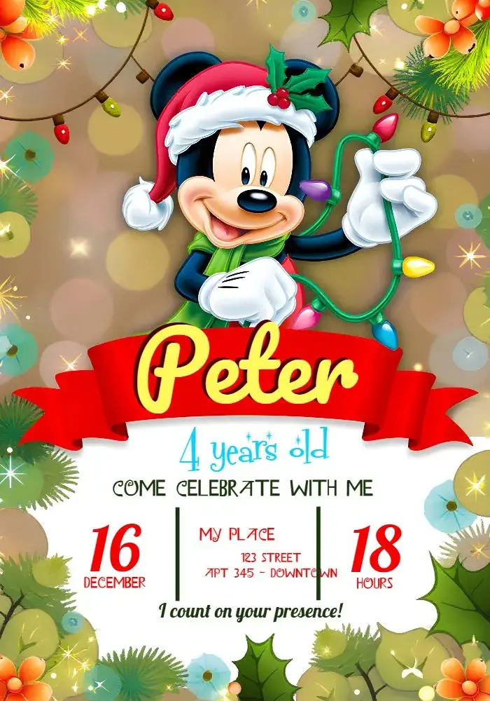 Invitation Mickey Mouse Christmas Boy – Commemorative Dates theme colorful, festive, childlike, Disney-themed, Christmas-themed