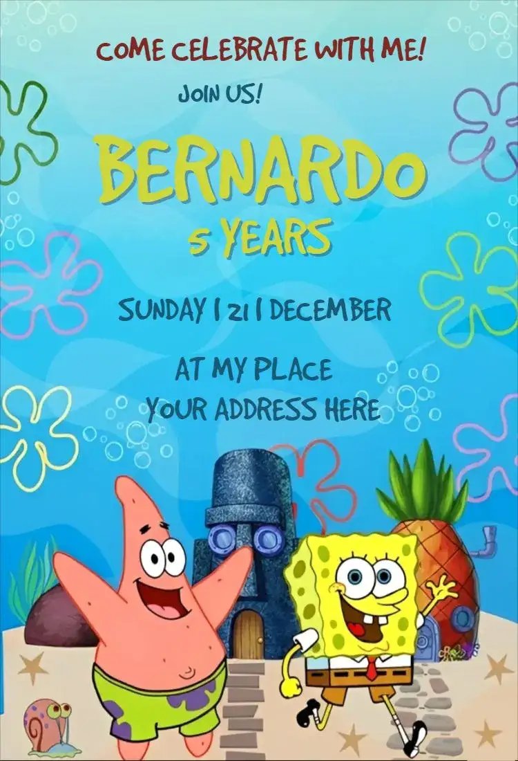 Invitation Bob Esponja – Kids' Birthday Party theme colorful, fun, navy, youthful, childlike, themed