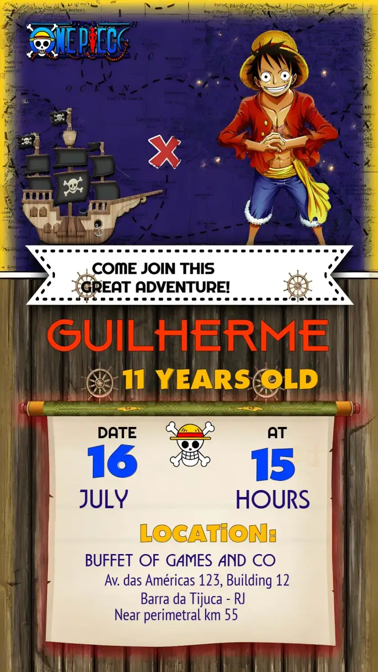 Invitation One Piece Green – Most searched for theme adventure, anime, vibrant colors, modern, youthful, fun