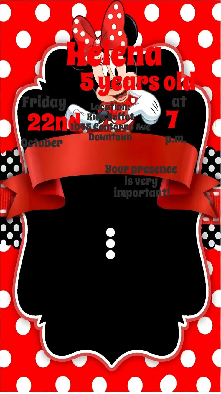 Invitation Minnie – Kids' Birthday Party theme red, fun, playful, colorful, themed, childlike