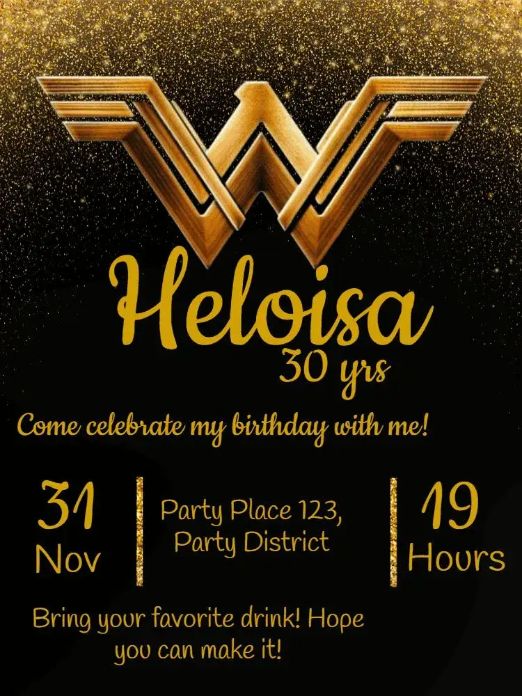 Invitation Wonder Woman Confetti – Birthday theme golden, modern, themed, elegant, vibrant