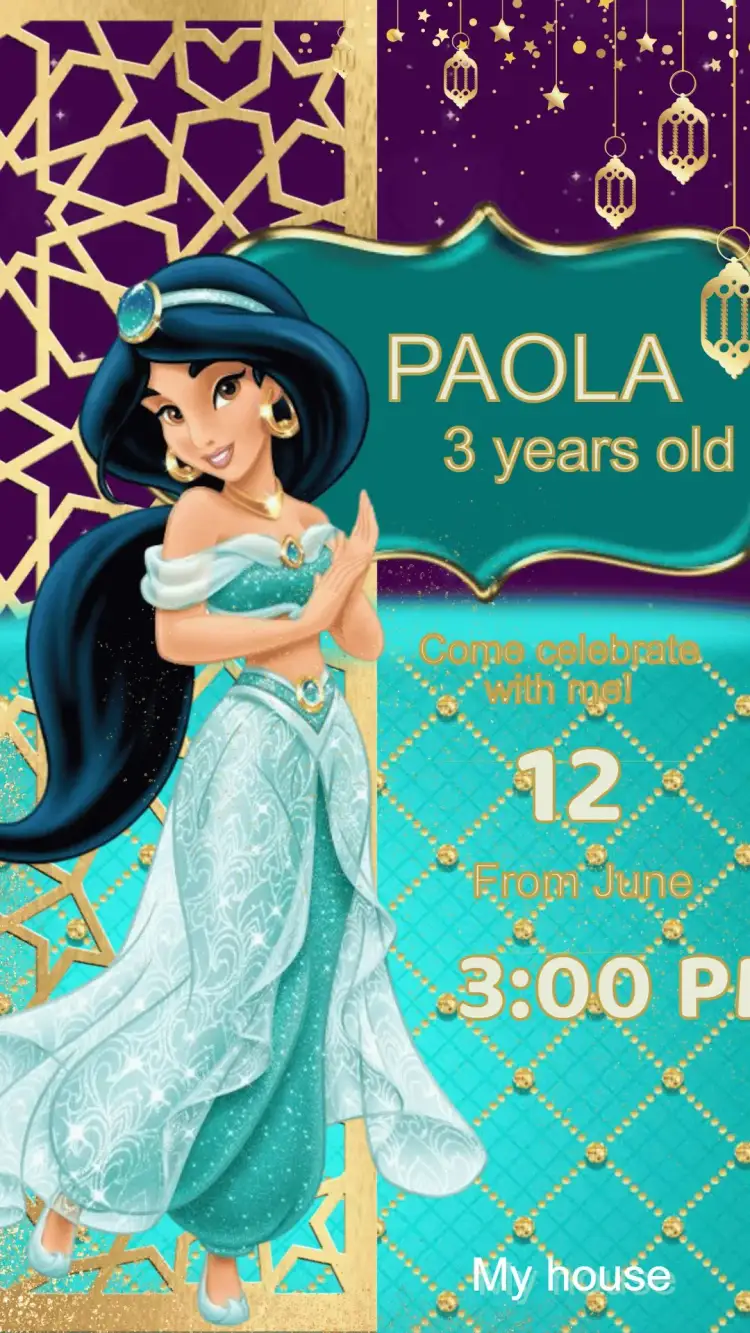 Invitation Princess Jasmine Birthday Invitation – Kids' Birthday Party theme soft colors, enchanted style, Arabic elements, princess illustrations, vibrant design, touches of magic