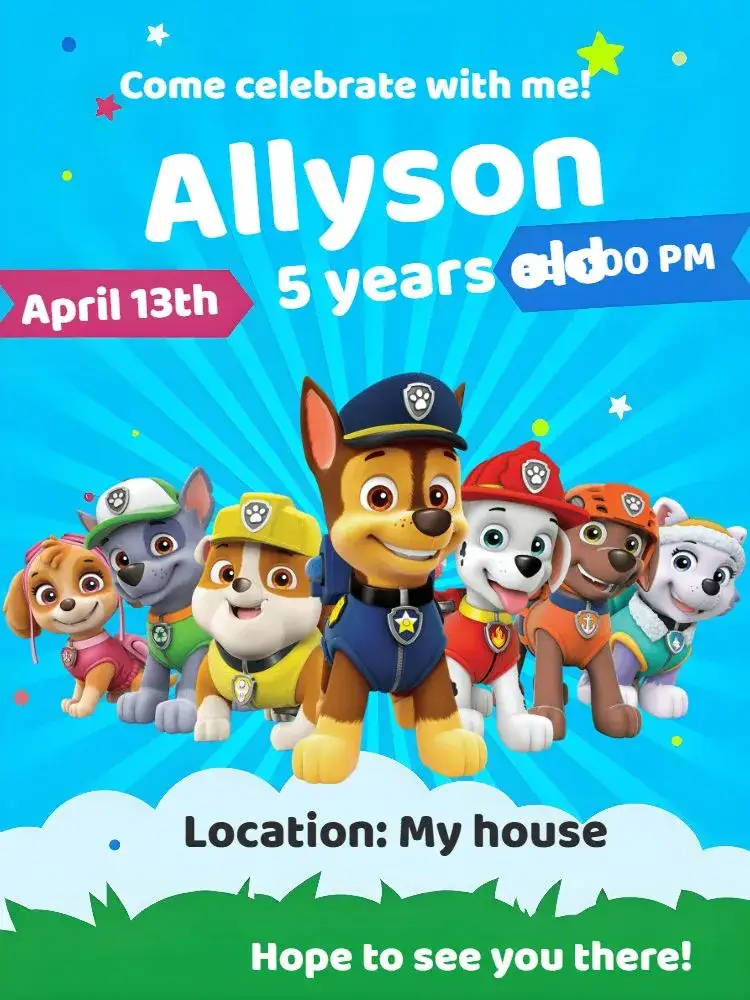 Invitation Paw Patrol Party – Kids' Birthday Party theme colorful, fun, themed, childish, lively