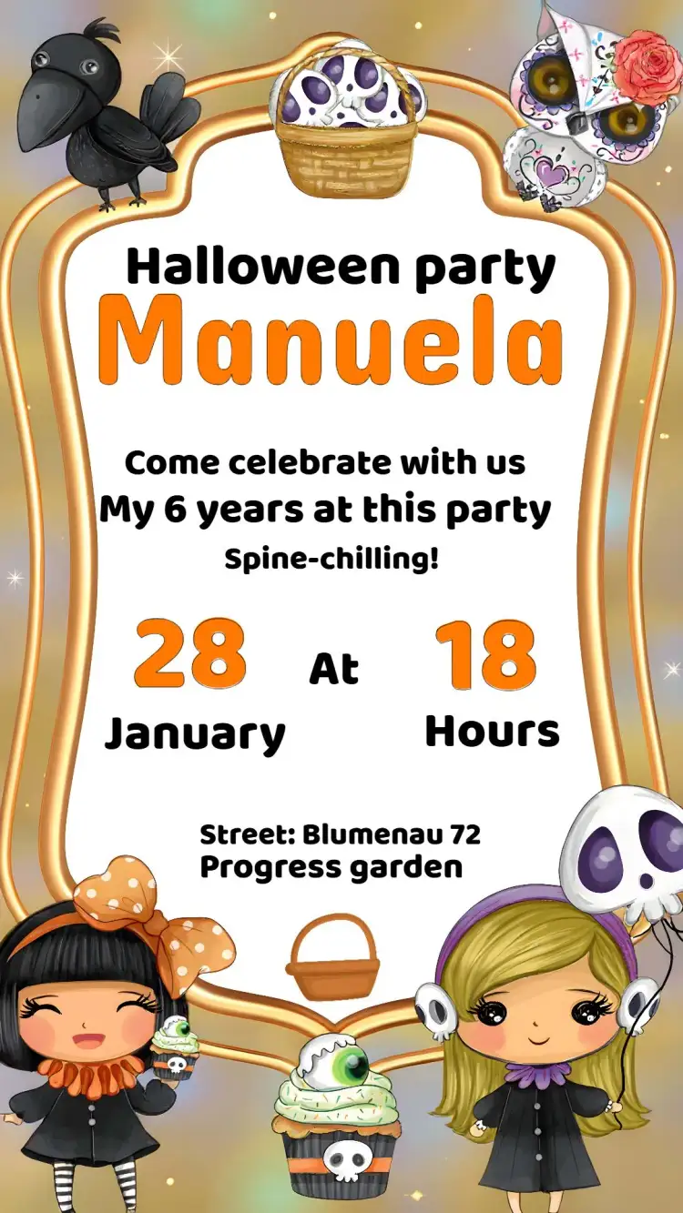 Invitation Halloween Girl Invitation – Commemorative Dates theme black and orange, Halloween theme, cupcake graphic elements, childish design, fun style, magical atmosphere
