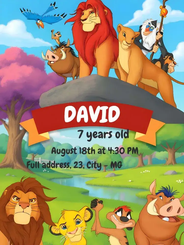 Invitation The Black Lion King – Kids' Birthday Party theme earthy tones, fun style, forest elements, animation-inspired, playful design