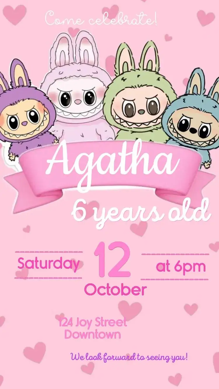 Invitation Labubu – Kids' Birthday Party theme colorful, watercolor, feminine, playful, romantic, fun