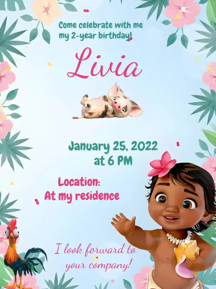 Invitation Moana Pig – Most searched for theme colorful, floral, fun, tropical, themed, childlike