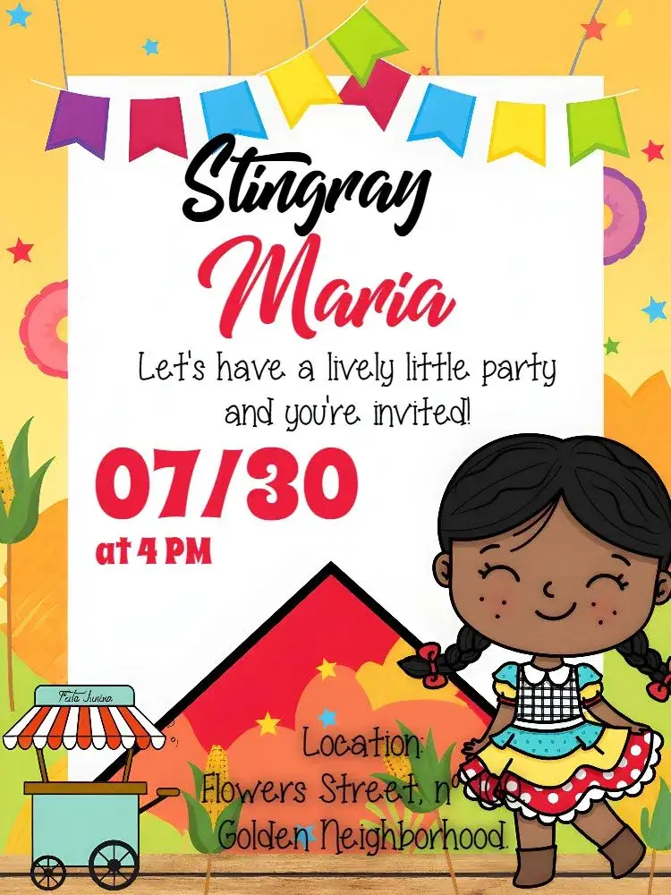 Invitation Red June Party Arraiá – Commemorative Dates theme vibrant red, June-style, little flags, festive graphic elements, warm colors, cheerful design