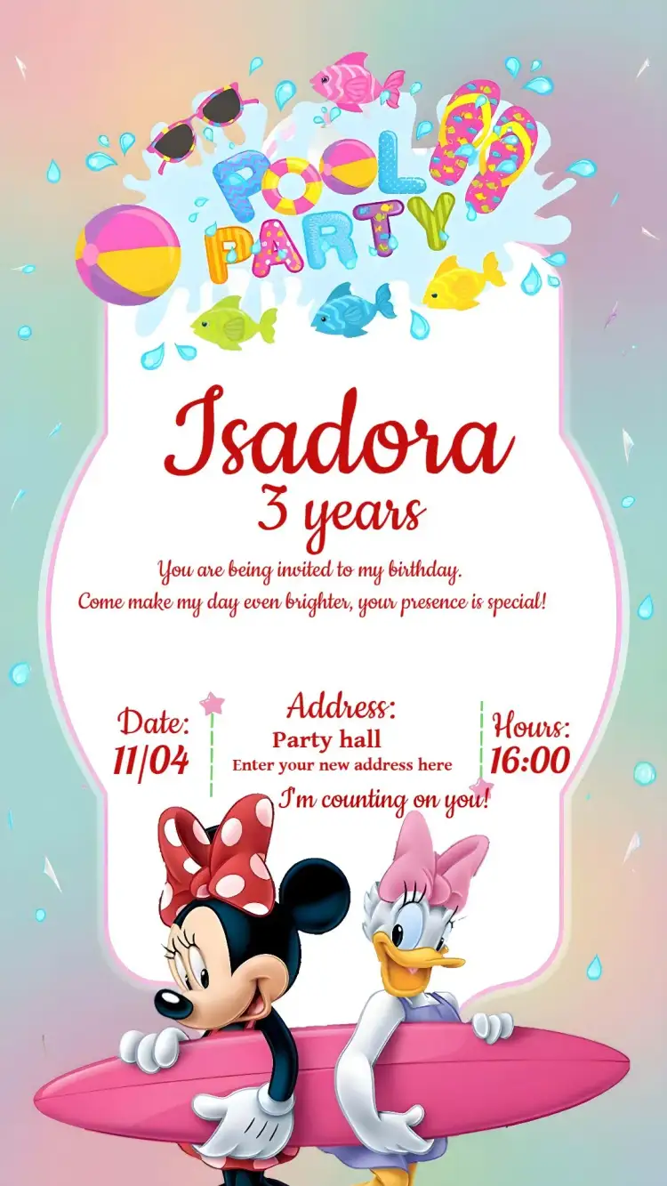 Invitation Pool Party Minnie Mouse Disney – Most searched for theme fun, colorful, themed, summery, childish