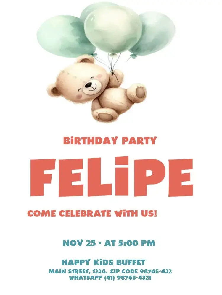 Bear Balloons Party Edit invitation