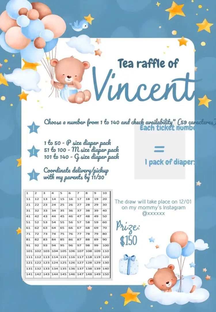 Invitation Tea Raffle Teddy Bear Balloonist Tea – Raffle Tea theme soft blue, cute teddy bears, colorful balloons, aviator style, childish elements, fun theme