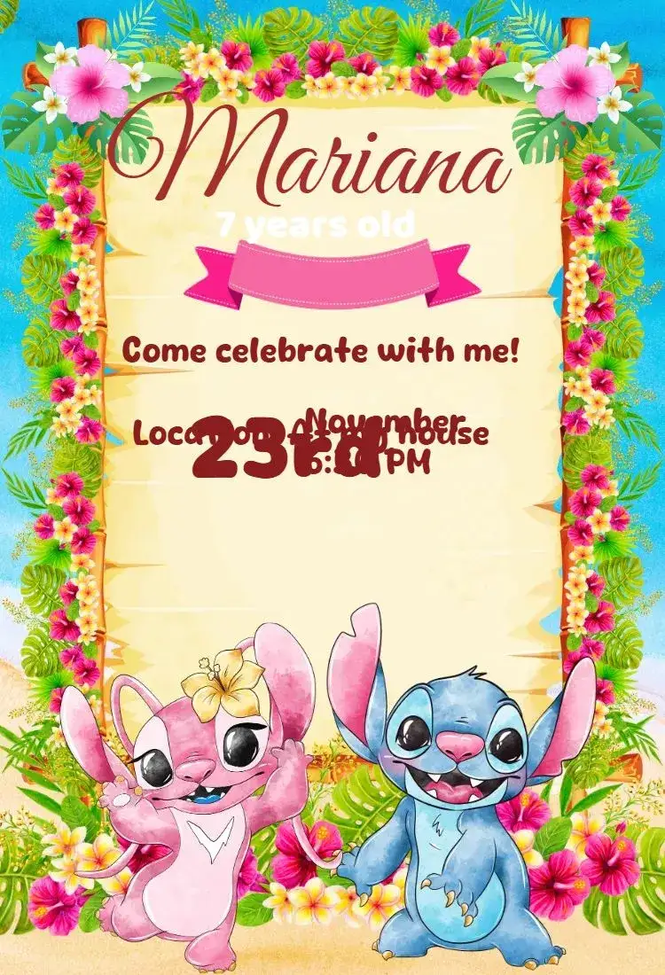 Invitation digital invitation stitch and angel – Birthday theme modern, cute, kawaii, colorful, delicate