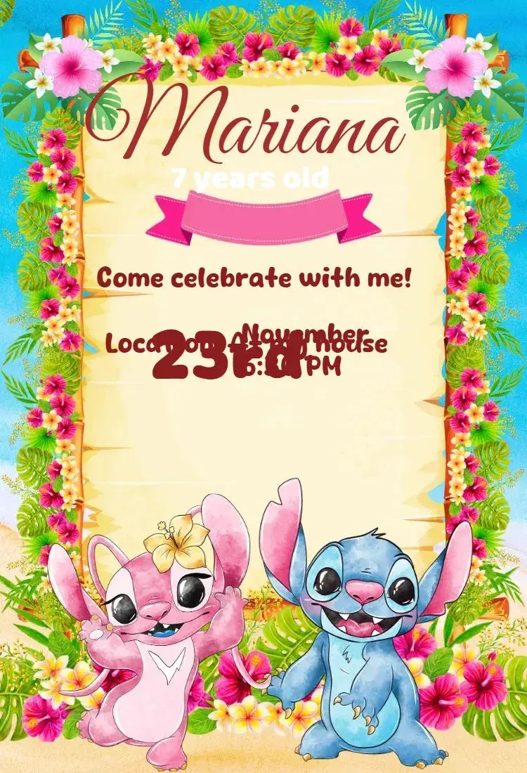 Invite digital invitation stitch and angel editable and customizable