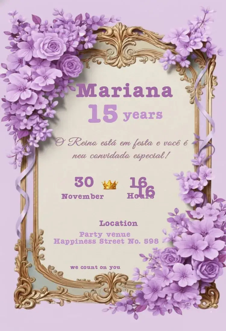 15 years Lilac with Flowers and Golden Frame invitation