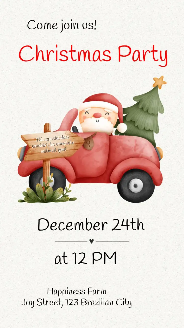 Invitation Christmas Tree Party – Commemorative Dates theme vibrant red, Christmas elements, festive design, cheerful illustrations, modern style, traditional touches