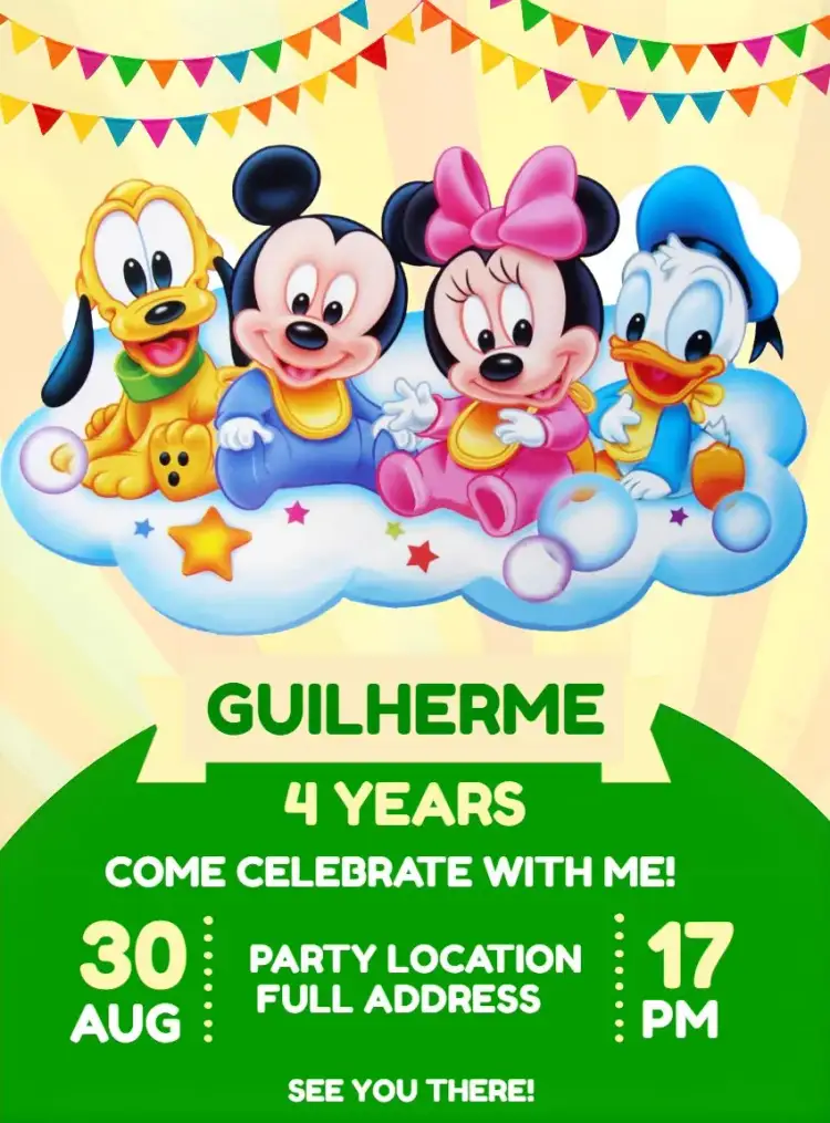 Invitation Mickey Mouse Baby Class – Kids' Birthday Party theme colorful, fun, childish, themed, Disney, vibrant