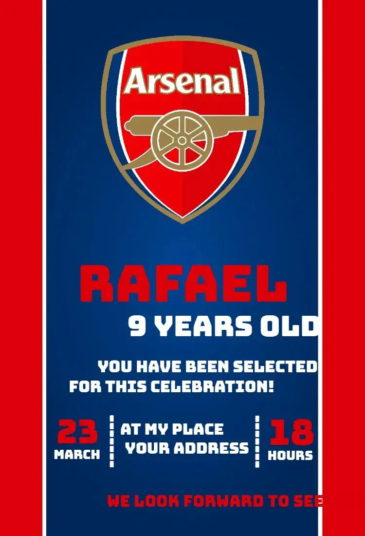 Invitation Arsenal 4 – Birthday theme red and white, soccer, modern, fun, dynamic