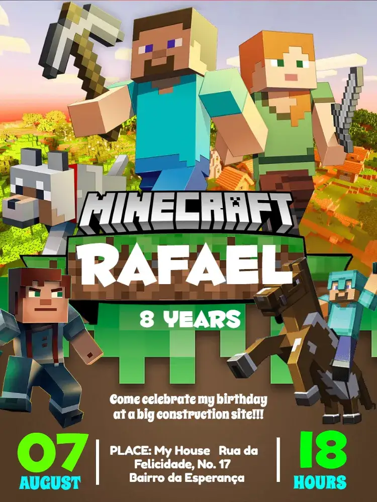 Invitation Green Minecraft – Most searched for theme Minecraft, colorful, fun-filled, games, adventure, kids
