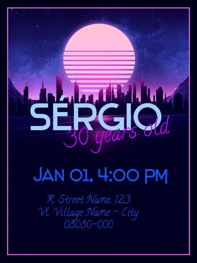 Invitation Virtual 30 Years - Blue Retro – Kids' Birthday Party theme retro, 80s, blue, vintage, city, colorful