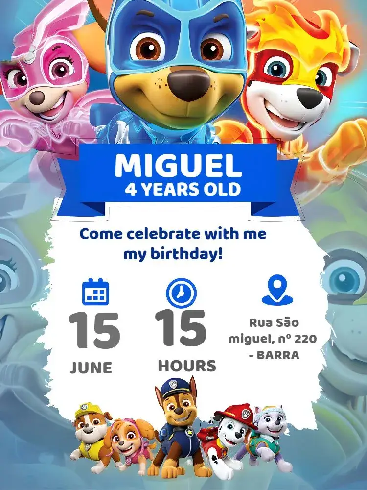 Invitation Paw Patrol – Kids' Birthday Party theme colorful, fun, themed, childish, adventurous