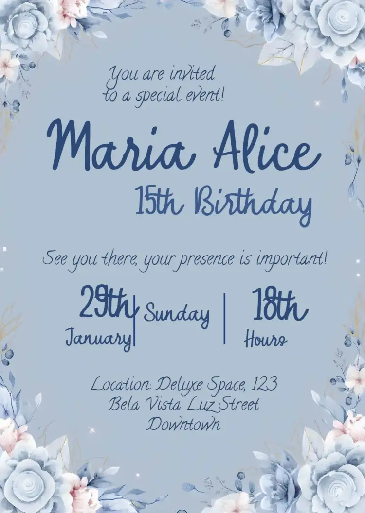 Invitation Watercolor Floral – Sweet 15 theme floral, aquarela, azul, branco, romântico, moderno