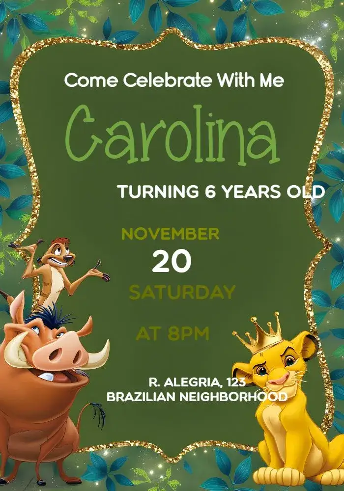 Invitation Lion King – Kids' Birthday Party theme vibrant colors, playful style, savannah elements, colorful illustrations, Disney theme, cheerful design