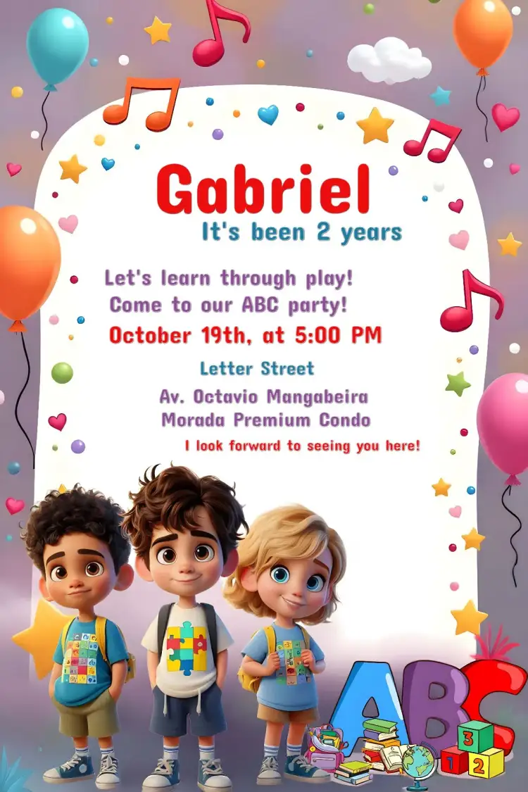 Invitation Abc Colorido – Graduation theme colorful, rainbow-themed, modern, childish, vibrant