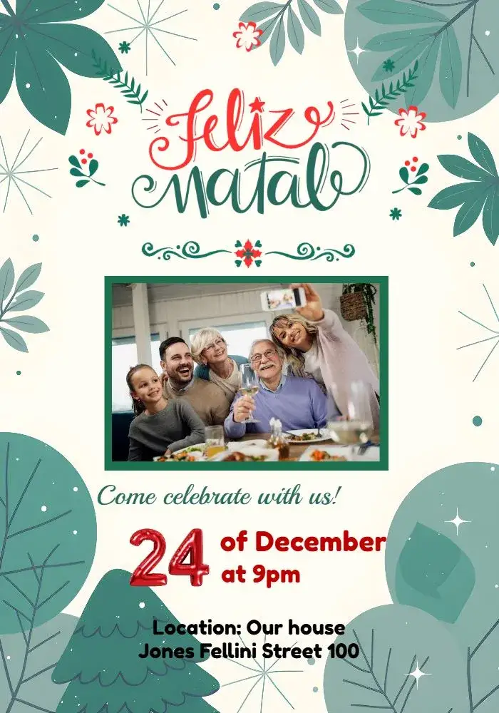 Invitation Christmas Family Photo Party – Commemorative Dates theme festive, cozy, golden, red and green, minimalist, vintage