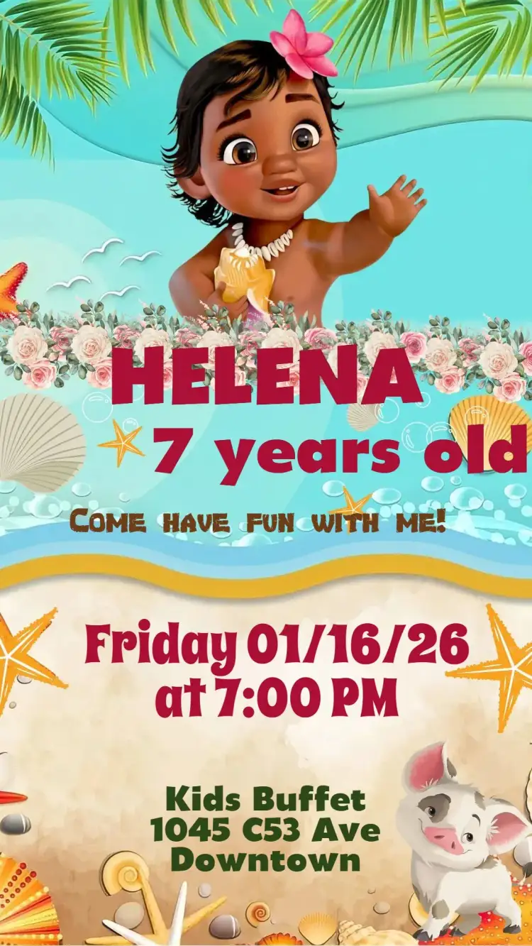 Invitation Moana Baby – Kids' Birthday Party theme colorful, themed, navy, fun, childlike, tropical