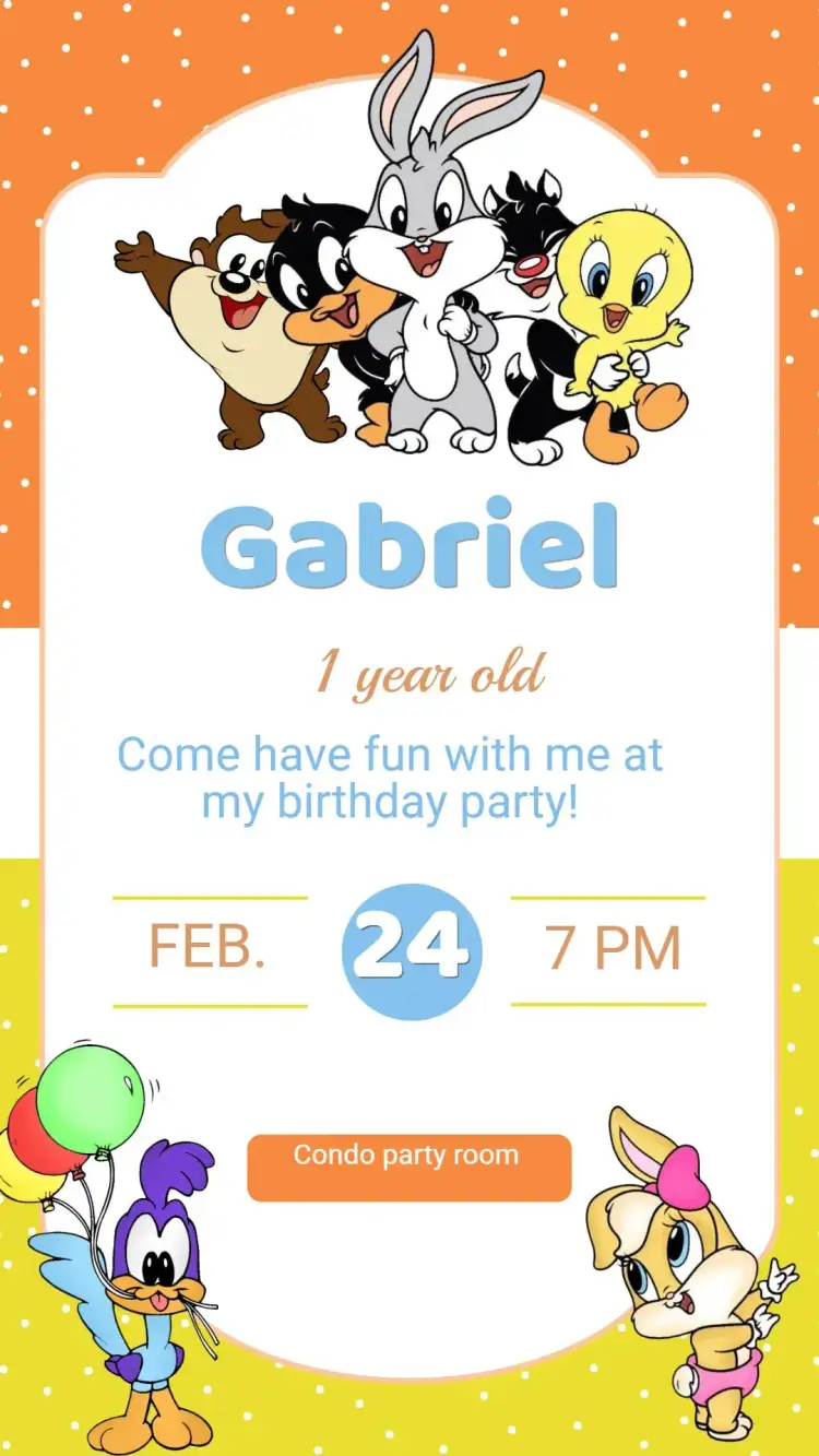 Invitation Baby Looney Tunes Birthday Invitation – Kids' Birthday Party theme colorful, playful, fun, fantasy, childlike illustrations