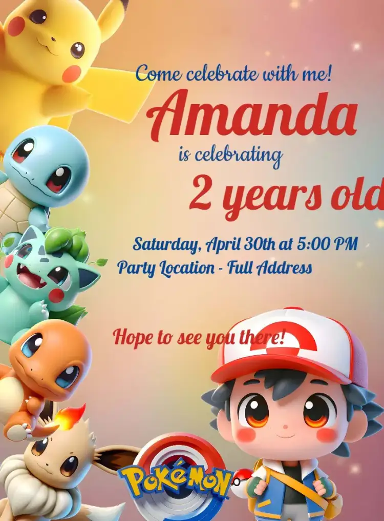 Invitation Pokémon Cute Pokemon – Most searched for theme colorful, playful, modern, fun, childlike