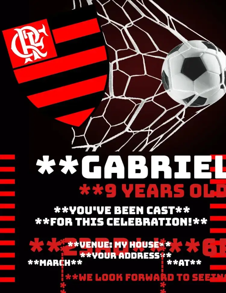 Invitation Flamengo 2 – Birthday theme red and black, football, modern, fun, sporty, colorful