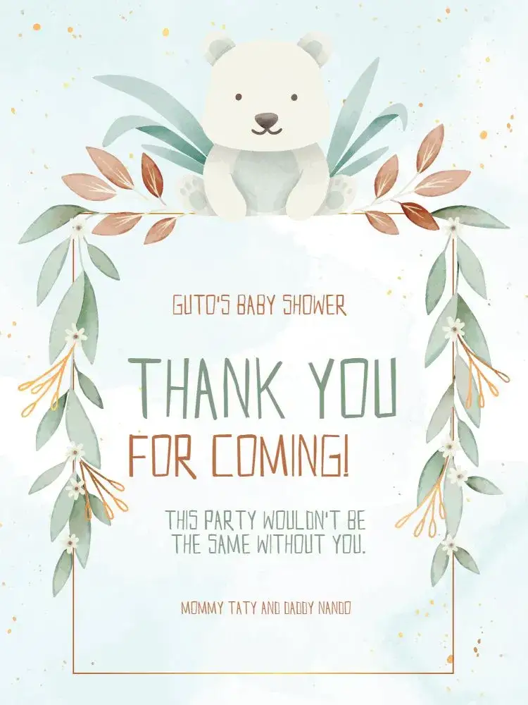 Invitation Delicate Clear Baby Shower Thank You Card – Card theme delicate, floral, light green, teddy bear, childlike, playful